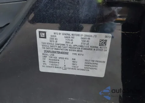 2013 Chevrolet Equinox 1Lt из США, поврежденный, VIN 2GNFLEEK7D6400392